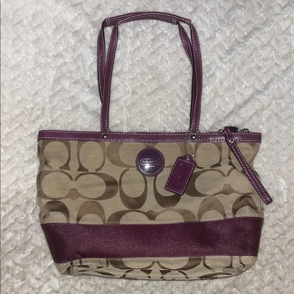 Authentic Coach Purse -Signature C Canvas with Purple Leather Trim - Picture 1 of 2